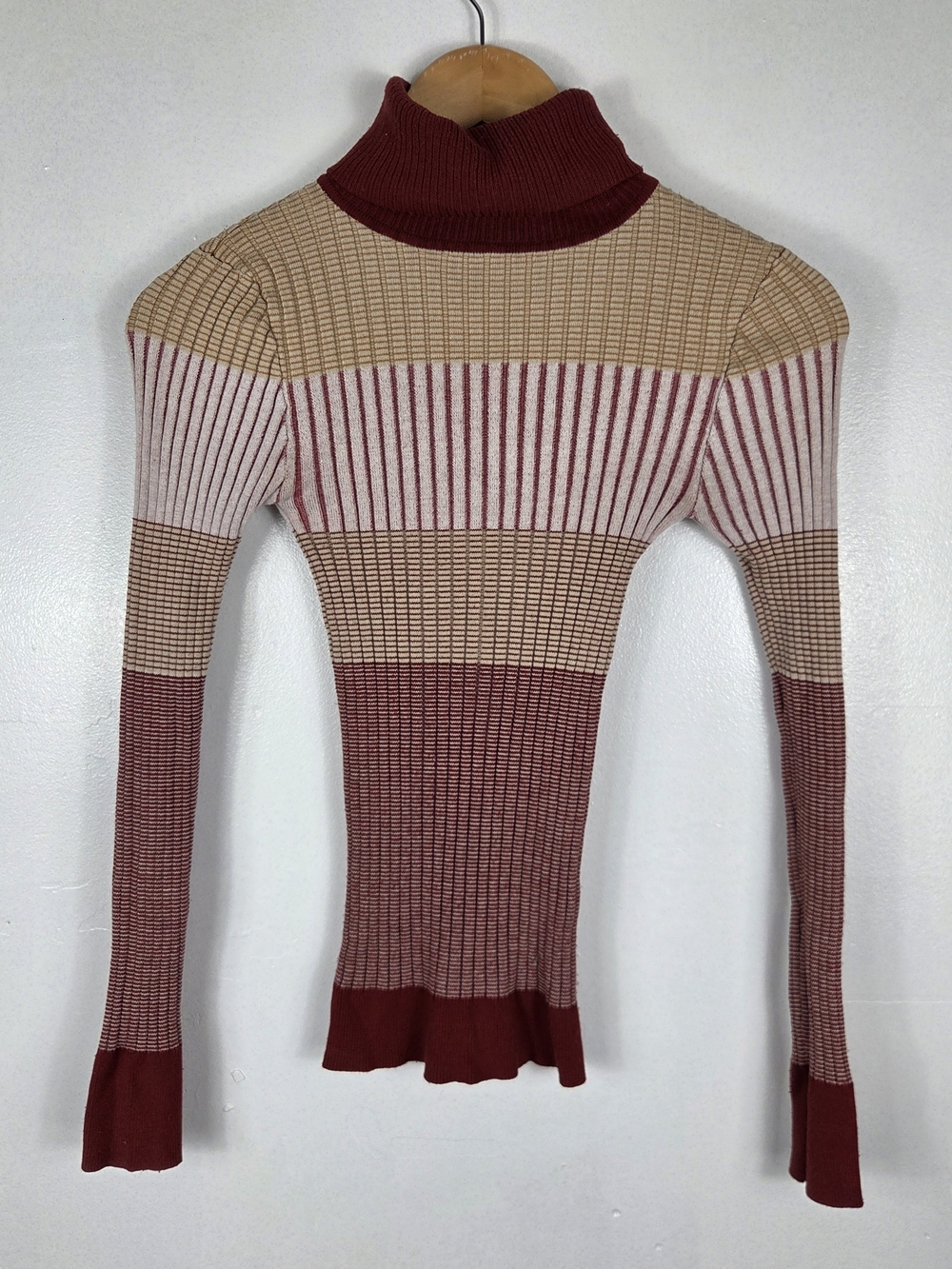 Forever 21 Ribbed Turtleneck Striped Sweater in Burgundy, Beige, Pink